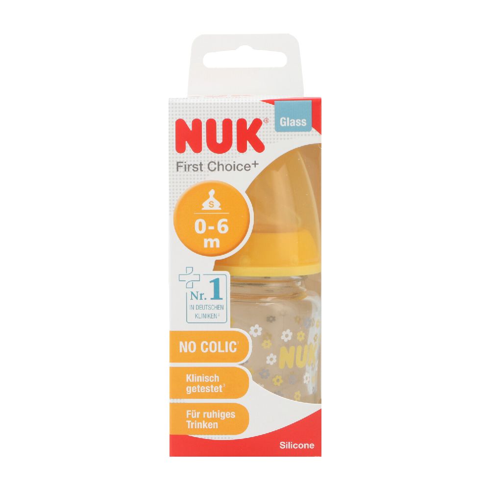 Nuk glass bottle first choice plus silicone 120ml - yellow