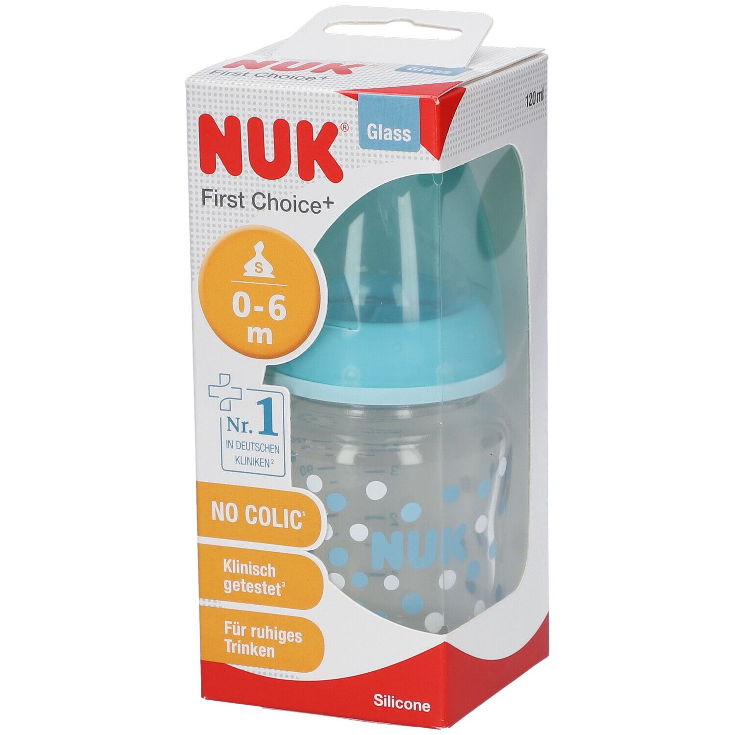 NUK glass bottle first choice plus silicone 120ml - turquoise