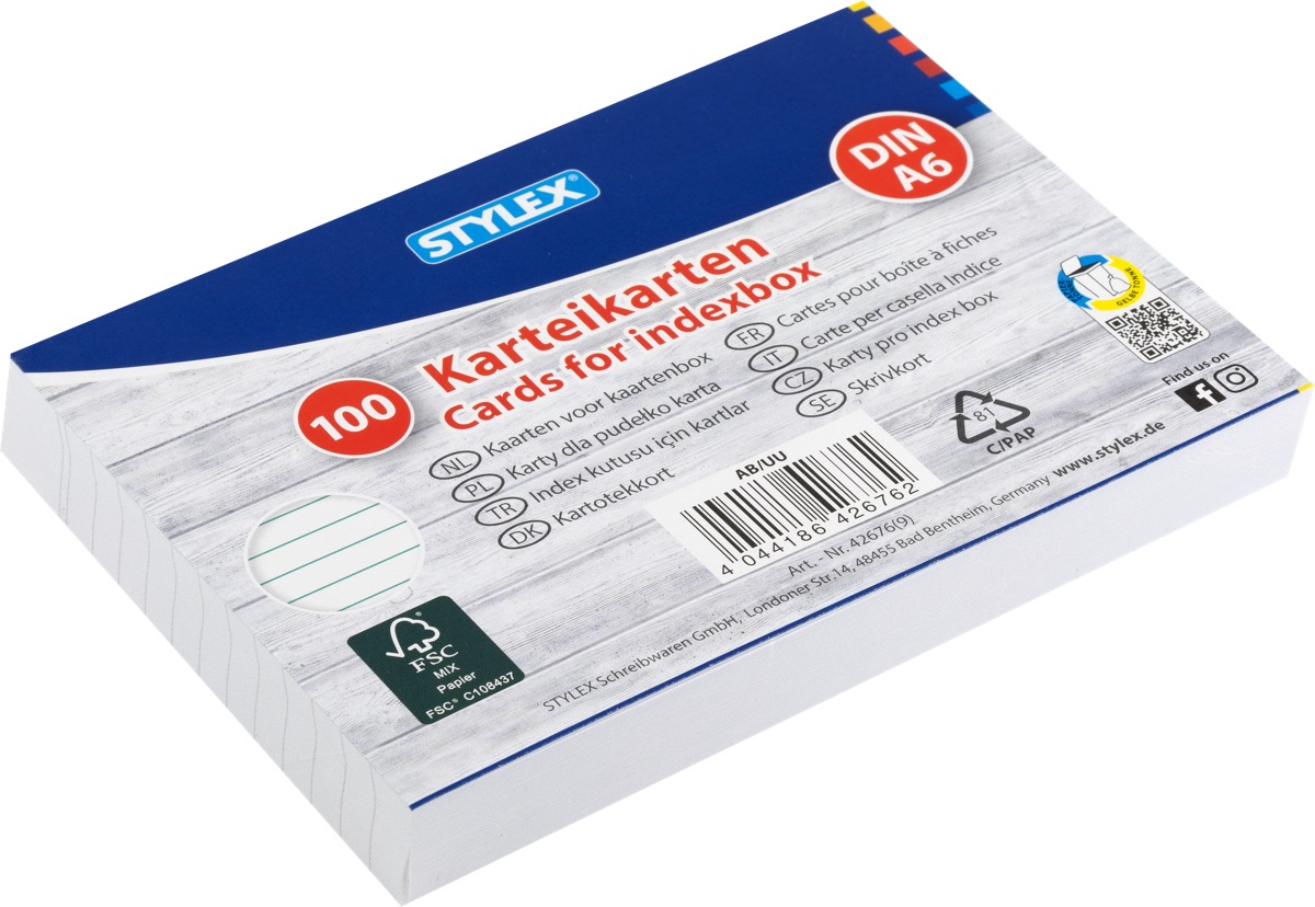 Stylex file cards A6, lined, 100 sheets