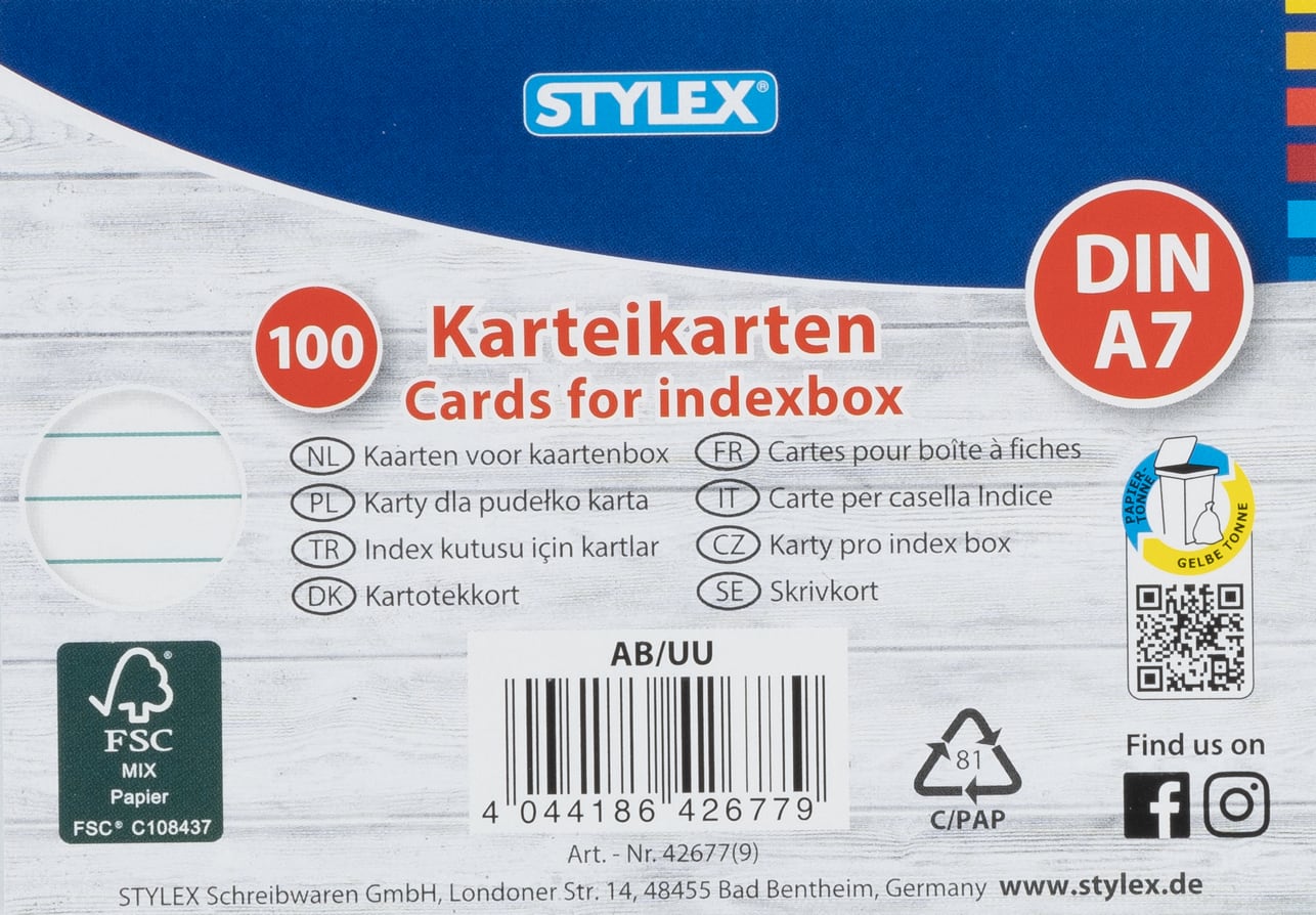 Stylex file cards A7, lined, 100 sheets